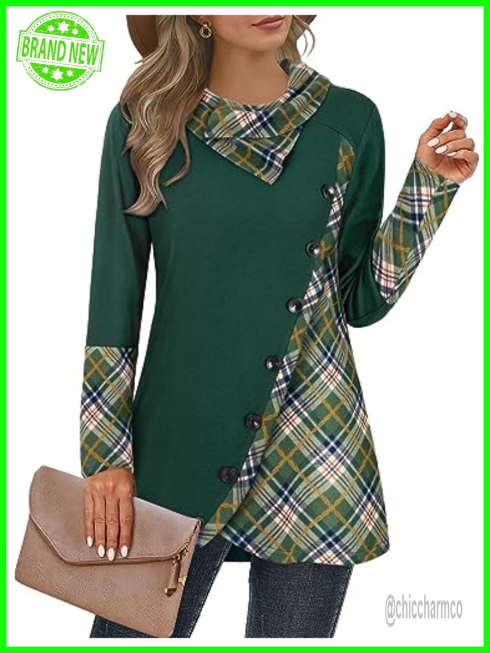 Cowl Neck Plaid Tunic Top Asymmetrical Long Blouse Loose Fit